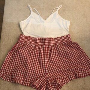 White Body Suit and Red Check Shorts Set